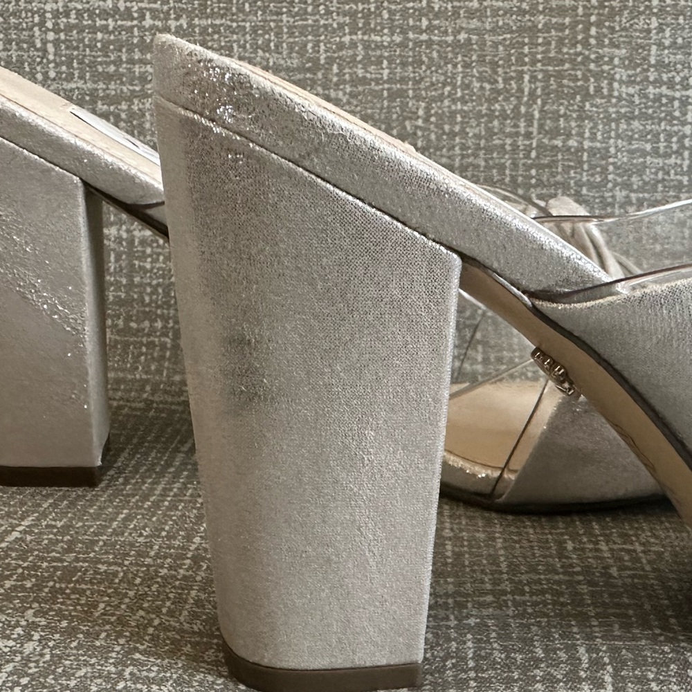 Nina New York Silver Bow Heels Sz 8.5M Clear Strap Block Sandals Wedding Evening - Picture 8 of 14